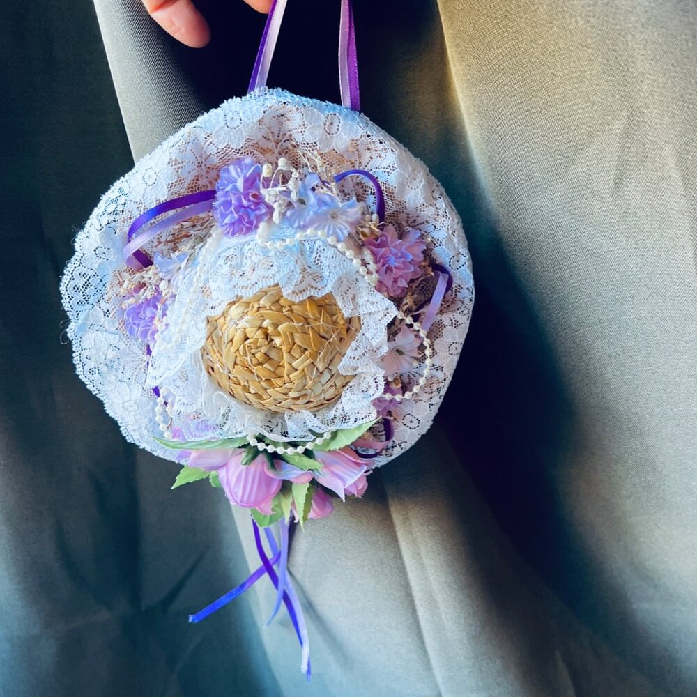 Decorative Straw Mini Hat With Lace & Purple Floral Accents Wall Hanging